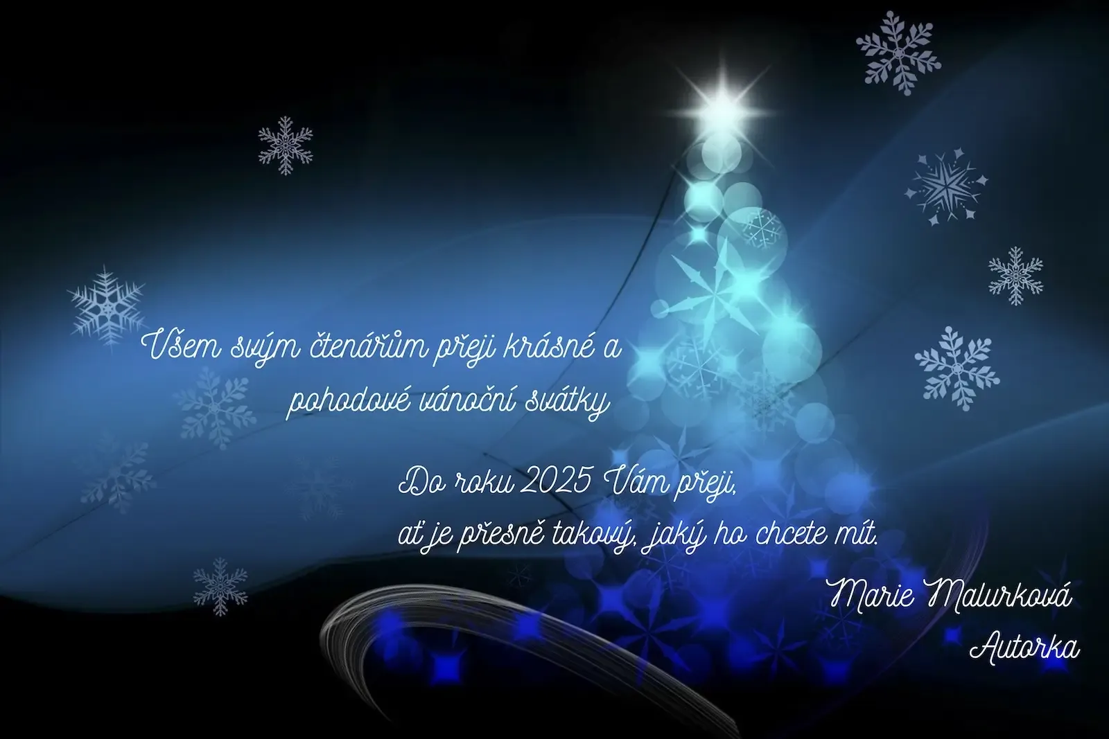 Tree with snowflakes in the background and wish for Merry Christmas